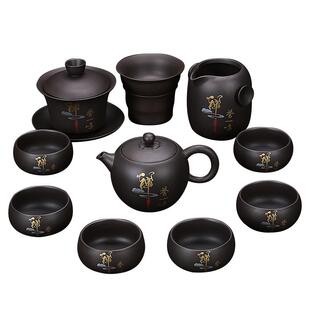 禅茶一味紫砂功夫茶具荷欢壶茶杯整套茶器原矿泥仿手绘整套家用