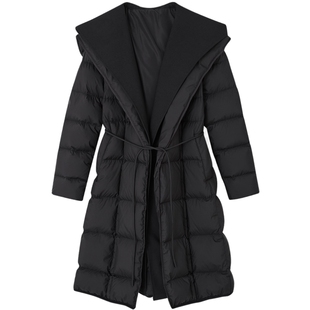 德玛纳假两件拼接连帽羽绒服女25冬季新款商务简约中长款保暖外套