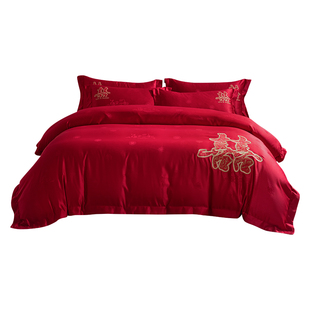 中式喜字结婚四件套红色贴布绣喜庆被套纯棉全棉床单婚庆嫁娶床品