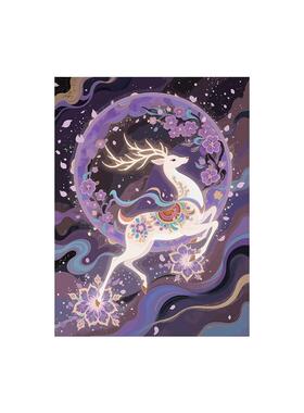神鹿踏莲花纹diy数字油画丙烯画