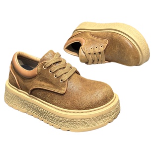 头层牛皮工装鞋男低帮系带5厘米增高大头德比鞋厚底黑色复古男鞋