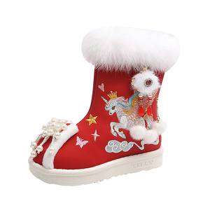 儿童雪地靴冬加绒中筒靴中国风汉服鞋女童加厚防水防滑大棉鞋皮靴