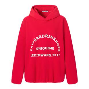 LEDIM WANG新年战袍字母印花套头连帽卫衣女新款宽松红色长袖外套