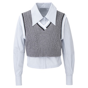 2025秋冬新款甜美学院风宽松拼色针织马甲短款翻领衬衫套装女069