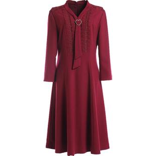 乔万尼商场秋新款女修身气质宴会红装女士长袖羊毛连衣裙好看流行