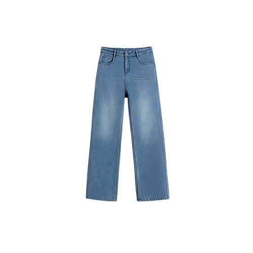 加绒加厚蓝色直筒牛仔裤女秋冬新款胖妹妹mm高腰宽松显瘦阔腿长裤