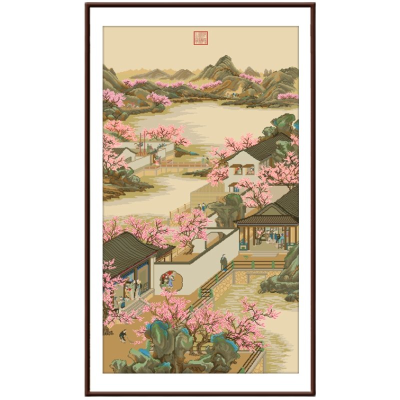 雍正十二月十字绣2025新款高级客厅风景山水名画竖版玄关手工刺绣