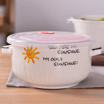 长方卡通陶瓷饭盒三格多格陶瓷碗带盖便当盒三件套微波炉加热餐盒