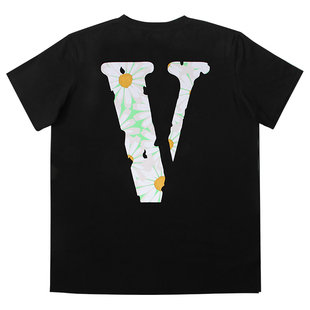VLONE 雏菊印花大V字logoT恤 男女同款情侣款 黑色
