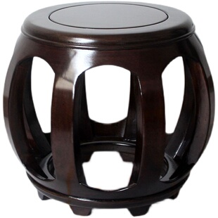 新中式鼓凳实木矮凳家用黑色圆凳客厅黑胡桃色鼓墩沙发凳子单人