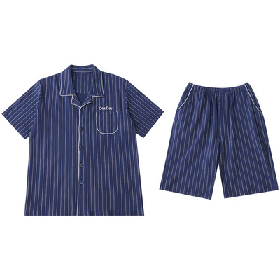 圆人睡衣男夏纯棉短袖短裤套装