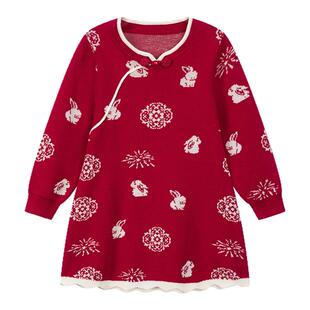 观山见笛莎联名童装女童春节红色连衣裙中式旗袍裙冬季红色拜年服