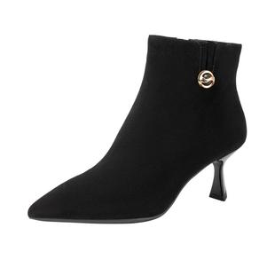 千百度时装靴百搭气质秋冬高跟靴细跟小羊皮通勤洋气小短靴女鞋