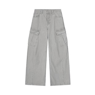 灰白色直筒牛仔工装裤女秋冬新款大码胖mm宽松显瘦梨型身材阔腿裤