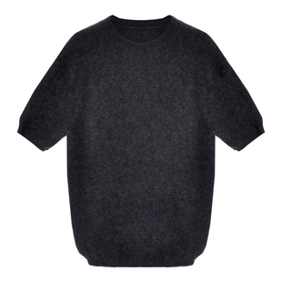 因由 知识分子软糯羊毛气质纯色半圆领五分短袖T恤针织衫上衣女秋