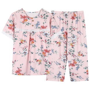 仙儿狄睡衣女夏季短袖七分裤中年妈妈纯棉薄款夏天家居服两件套装