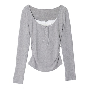 eihey诶嘿法式蕾丝拼接针织长袖T恤女秋冬设计感甜美修身打低上衣