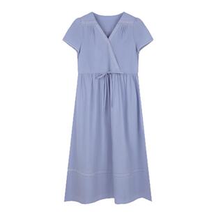 solighter法式莱赛尔蓝色v领抽绳连衣裙夏季2025新款花边收腰长裙