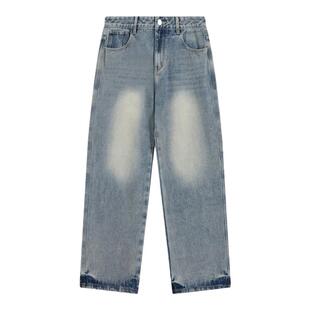 吕小虎春季高街vibe设计感牛仔裤男生潮牌水洗做旧复古蓝色长裤子