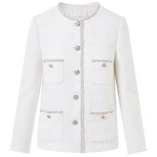 莱茵福莱尔2025春季新款粗花呢H版型白色小香风外套