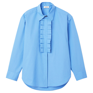 SANDRO春夏女装法式气质休闲直筒褶边衣襟仿珍珠蓝色长袖棉质衬衫