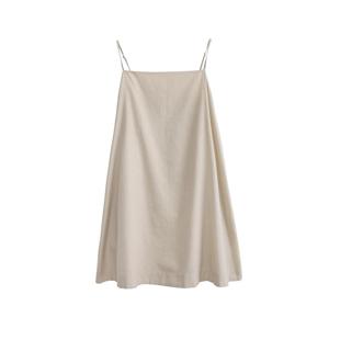 日系棉麻吊带裙A字裙子夏女韩版露背一字领连衣裙小个子苎麻短裙