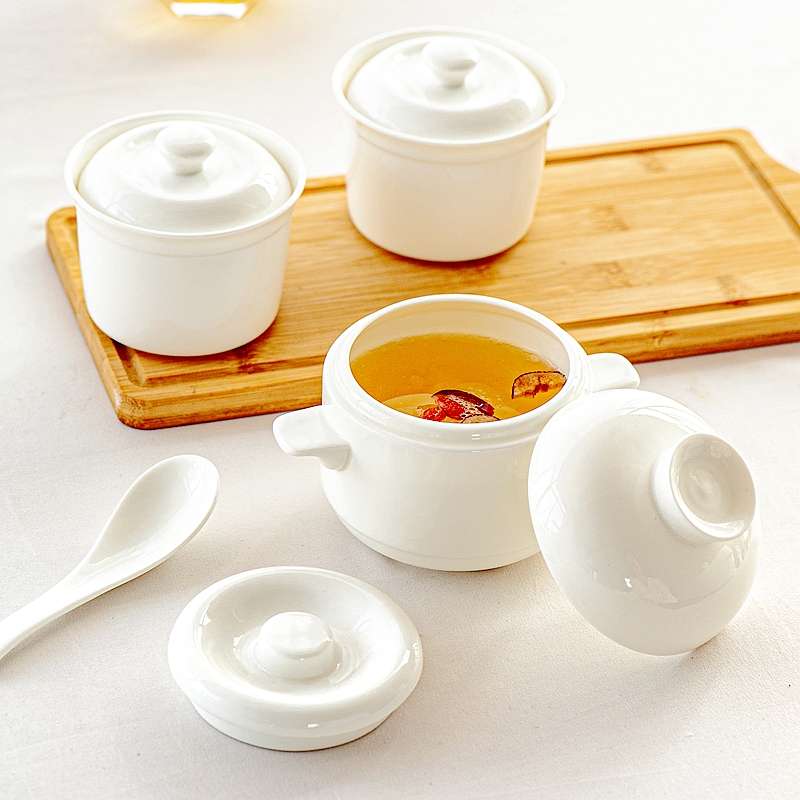 纯白骨瓷汤盅家用陶瓷酒店双盖内胆隔水炖燕窝碗小号汤煲炖罐炖盅