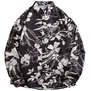 春秋长袖花衬衫ins男女痞帅宽松青少年情侣复古港风舞台表演衬衣