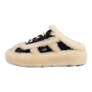 明星同款HALFAWAKE设计师女冬季外穿羊毛牛皮绑带半拖毛毛运动鞋