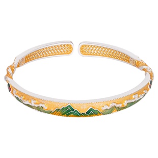 航达银匠 银手镯描金珐琅彩海誓山盟开口足银9999银镯送女友闺蜜