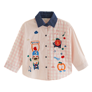 砚台家女童韩系粉色格子衬衫春秋装儿童纯棉绣花衬衣宝宝长袖上衣