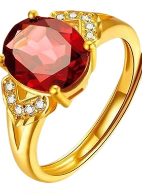 真金色沙金戒指女红宝石可调节