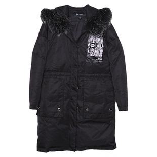 纳帕佳La paY－PYP印花黑色秋冬连帽休闲外套中长款羽绒服女加厚