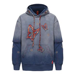 碧海潮生【蓝梦蝶涅槃】秋冬新款中国风国潮水洗渐变刺绣戴帽卫衣