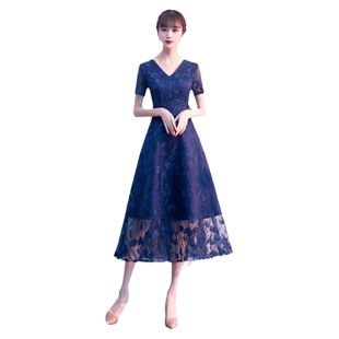 蓝色蕾丝晚礼服女气质宴会高端参加婚礼妈妈婚宴装连衣裙平时可穿