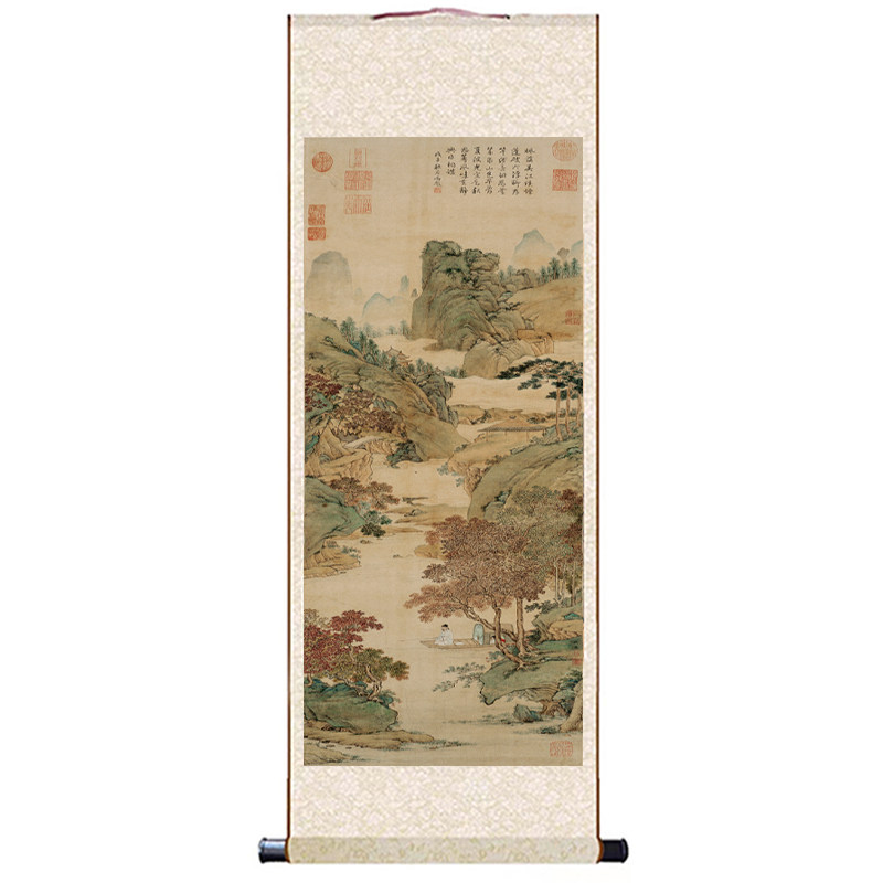 明仇英枫溪垂钓图山水画卷轴画