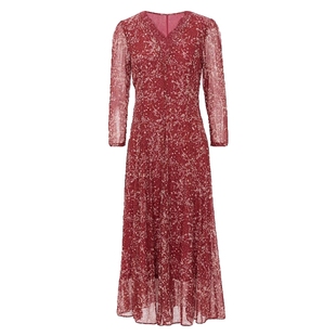 马天奴2025春夏新款红色印花V领连衣裙子长袖碎花气质长裙时尚女