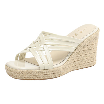 MILLIE'S/妙丽女鞋2025新款夏季高跟拖鞋交叉带休闲草编凉拖鞋女