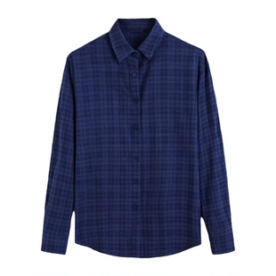 TANG韩系蓝色格纹长袖衬衫女春夏宽松休闲百搭复古小众慵懒风衬衣