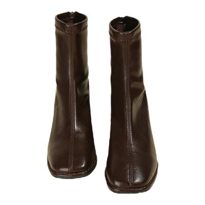 方头百搭粗跟拉链高跟复古短靴