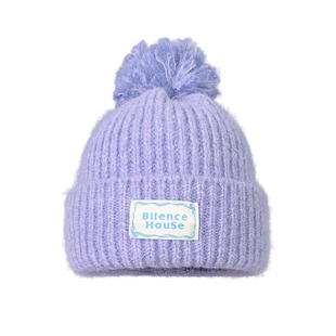 2025新款紫色毛球针织包头帽子女秋冬可爱百搭学生保暖毛线帽冷帽