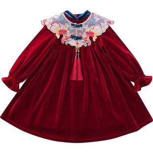 女童新年红色连衣裙春装2025新款小女孩中国风丝绒公主过年拜年服