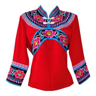 新款楚雄彝族左脚舞女装上衣牡丹花红色宝蓝色单衣黑白袖民族服装