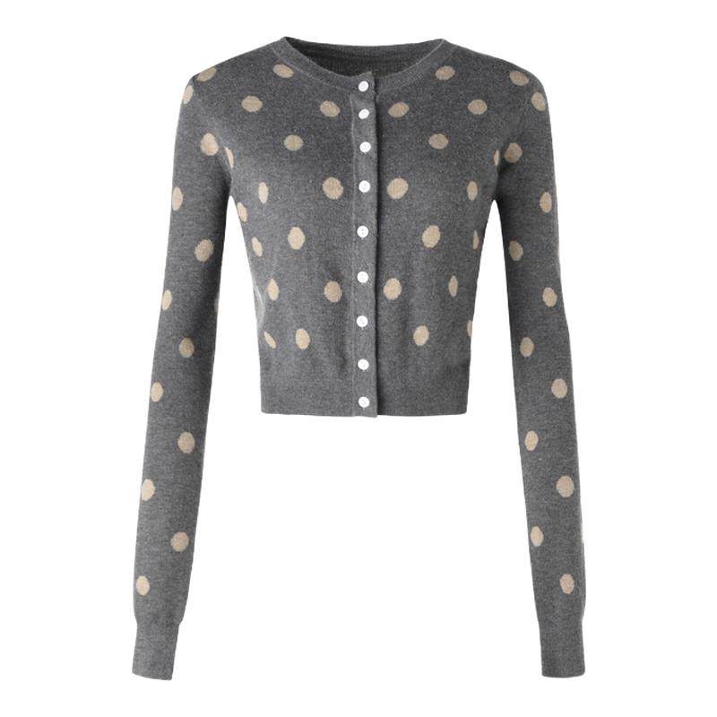 ourhour 软糯简约 深灰驼色小圆领短款针织开衫 女秋设计感打底衫