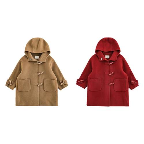 幼悠男童2025新款羊毛连帽长款牛角扣双面呢大衣冬季保暖防风外套