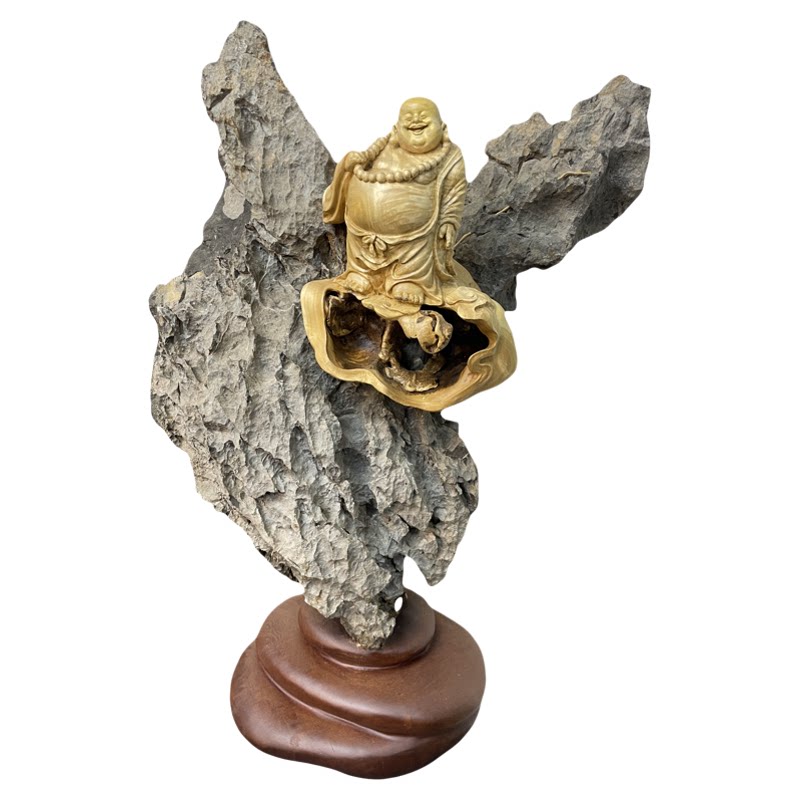 天然根艺根雕风化枯木根抱石笑口常开弥勒装饰观赏家居办公摆件