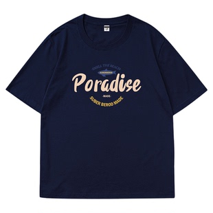 临江仙白鹿同款美式复古潮牌藏青色t恤短袖女夏季宽松慵懒风上衣