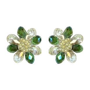 清灵茶色。超仙复古闪耀绿色水晶花朵耳饰法式耳环耳钉森系耳夹女