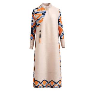 三宅新中式妈妈连衣裙春新款裙子女装褶皱宽松大码旗袍弹簧裙衣服