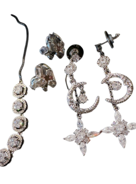 维多利亚星芒月亮宝石耳坠 星河璀璨 镀18K金 几何锆石项链 套装